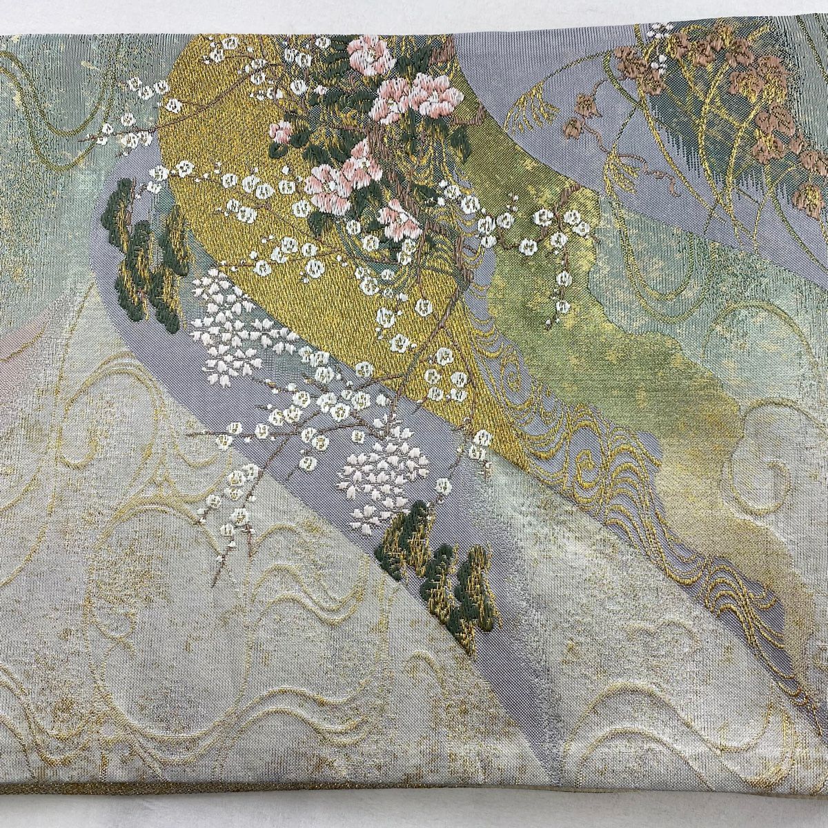 【美品】 袋帶 秀品級 琳派遠山四季紋 金金箔 唐織 灰綠 六通 純蠶絲