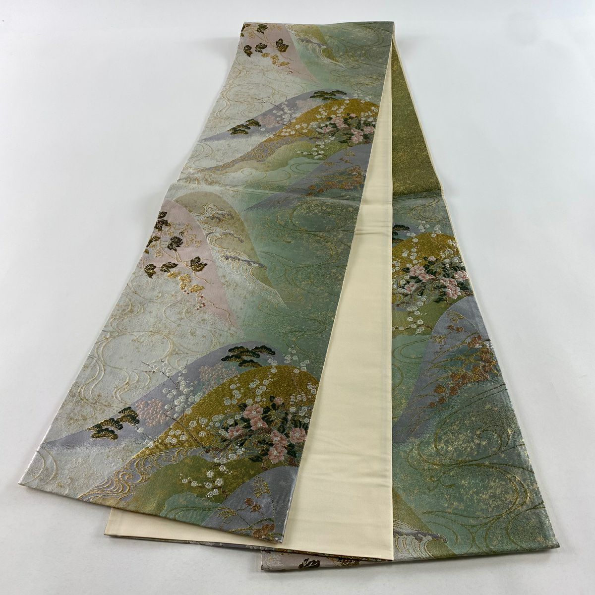 【美品】 袋帶 秀品級 琳派遠山四季紋 金金箔 唐織 灰綠 六通 純蠶絲