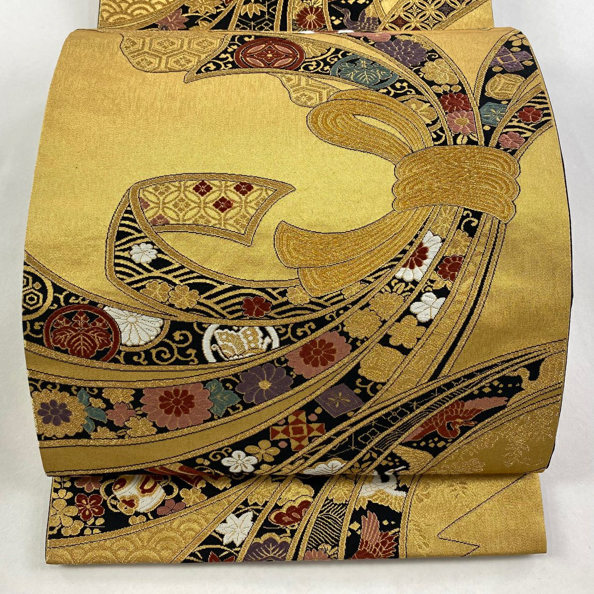 【美品】 袋帶 秀品級 束捲熨斗紋 菊花唐草紋 金絲 金金箔 金 六通 純蠶絲