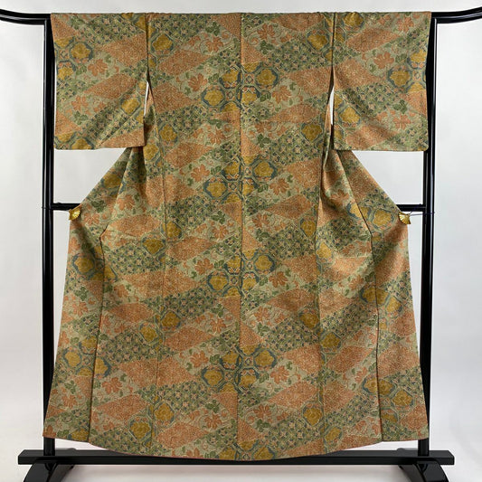 【美品】 小紋 身長157.5cm 袖長64.5cm M 雙層 草花紋紋 薄綠 純蠶絲 優品級
