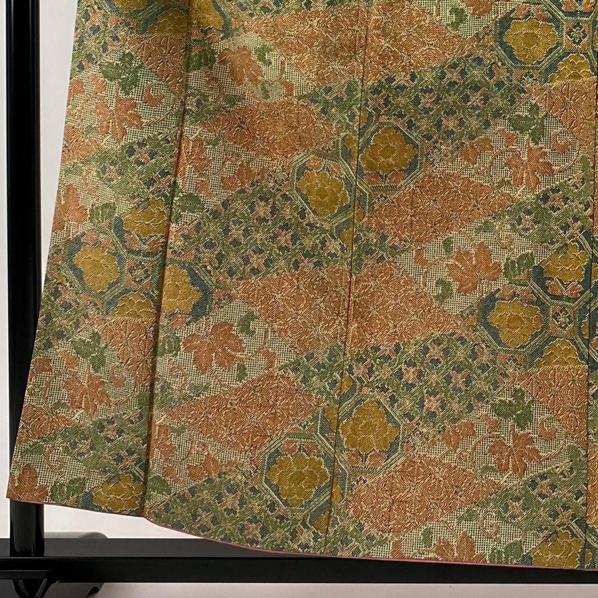 【美品】 小紋 身長157.5cm 袖長64.5cm M 雙層 草花紋紋 薄綠 純蠶絲 優品級