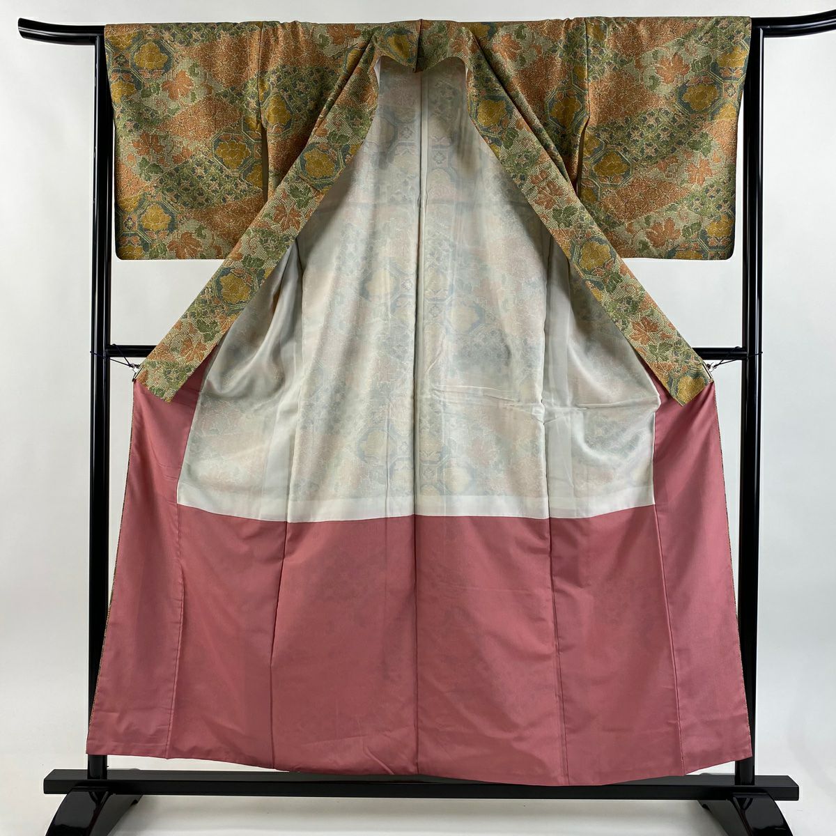 【美品】 小紋 身長157.5cm 袖長64.5cm M 雙層 草花紋紋 薄綠 純蠶絲 優品級