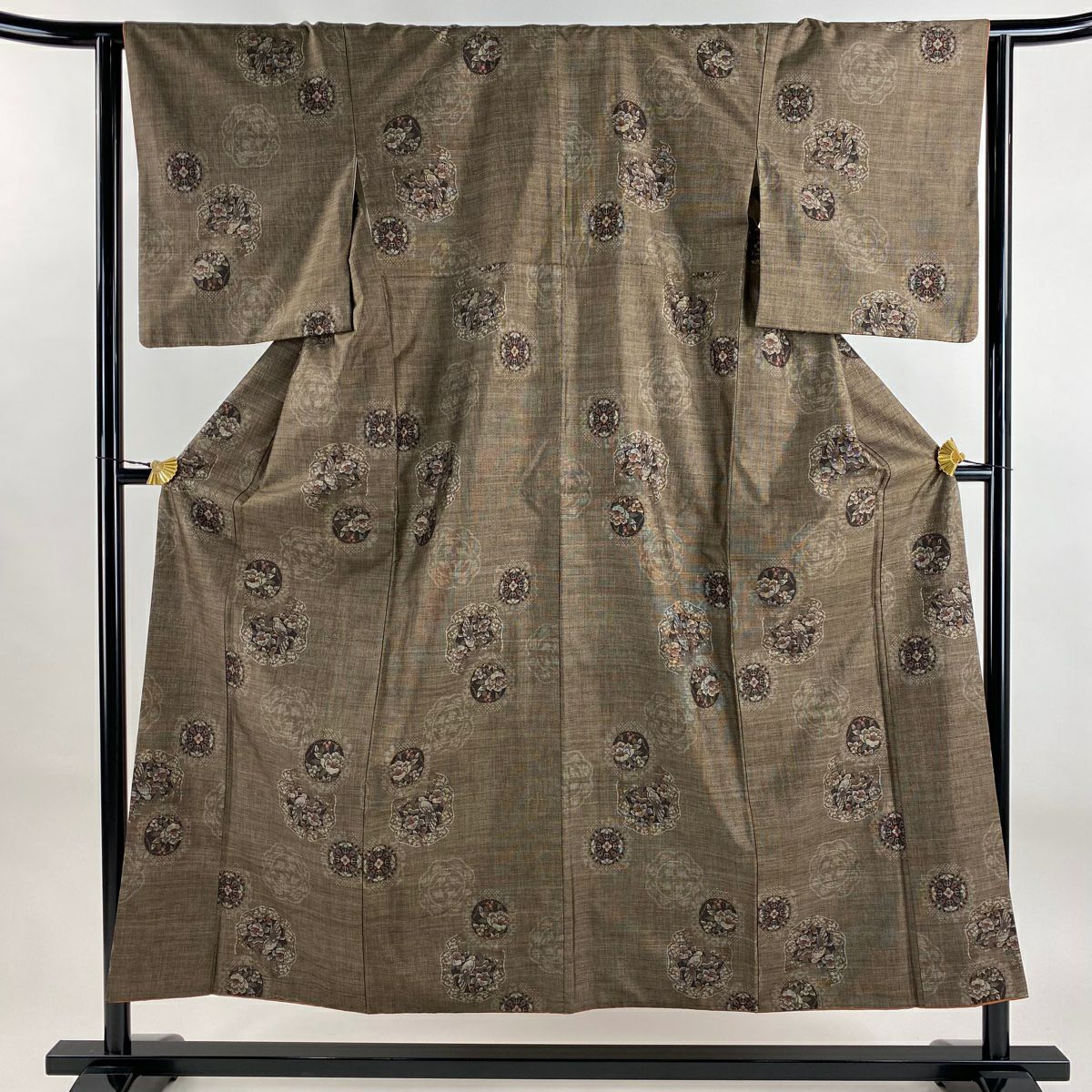 【美品】 紬織 身長153cm 袖長64cm M 雙層 鳥 枝花 焦茶 純蠶絲 秀品級