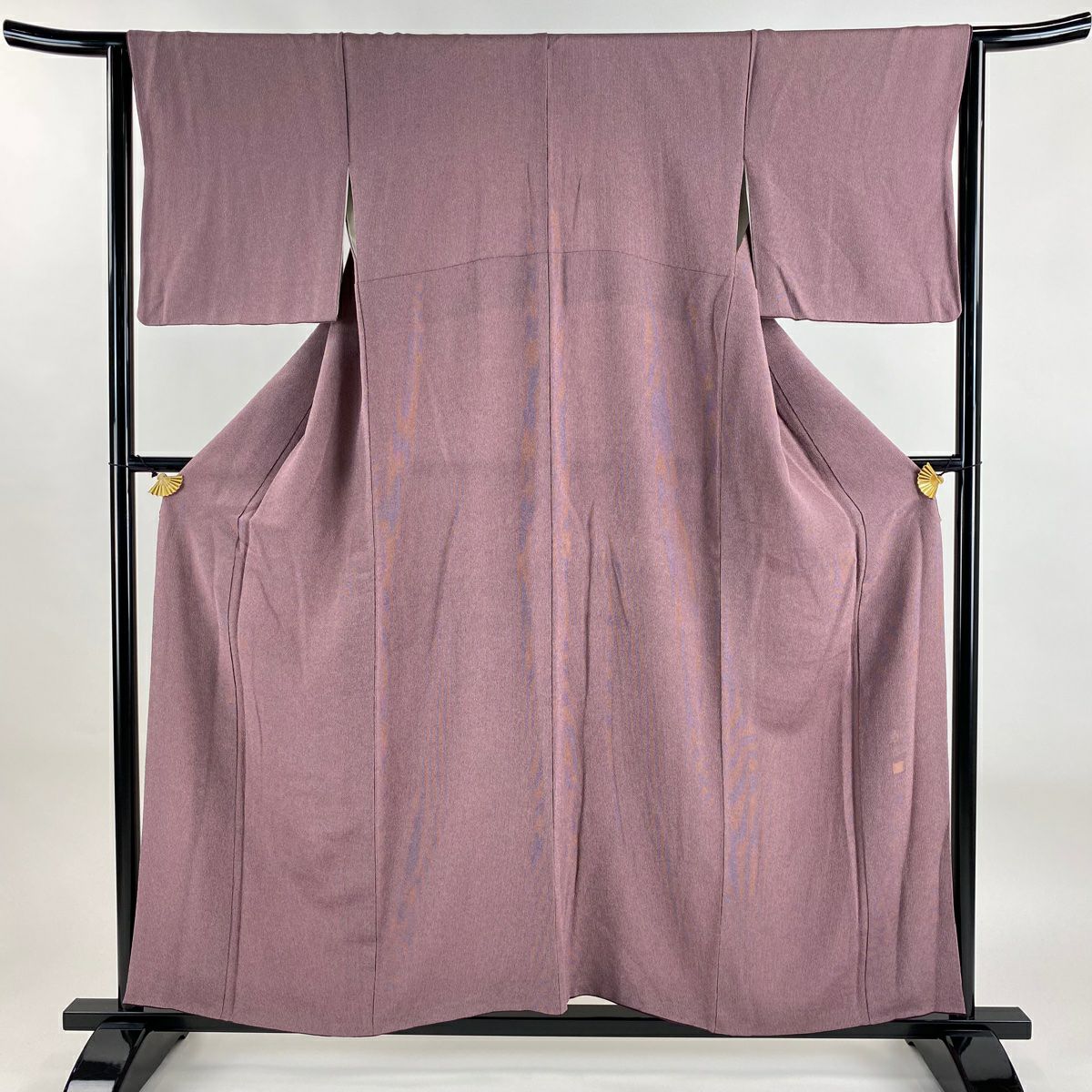 【美品】 小紋 身長156cm 袖長65cm M 雙層 落款あり 縞 縮緬 紫 純蠶絲 秀品級