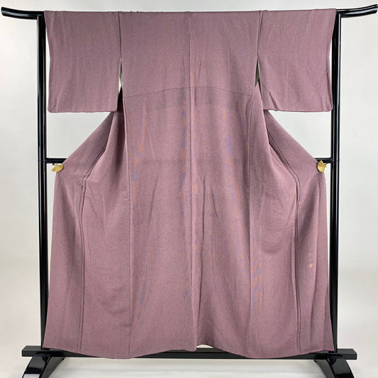 【美品】 小紋 身長156cm 袖長65cm M 雙層 落款あり 縞 縮緬 紫 純蠶絲 秀品級