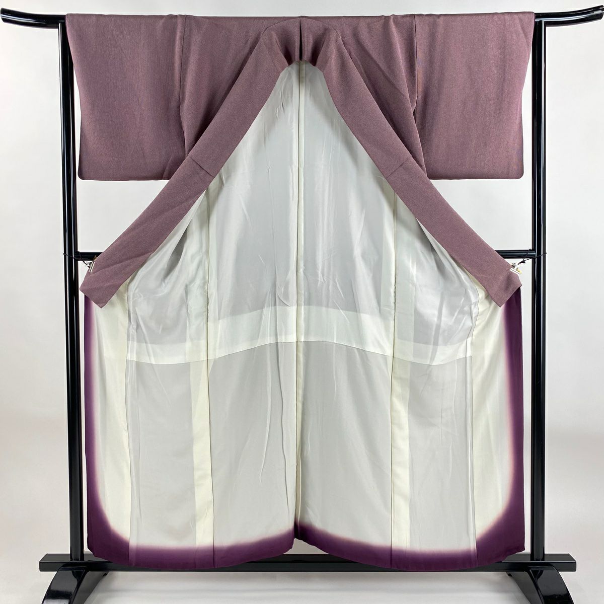 【美品】 小紋 身長156cm 袖長65cm M 雙層 落款あり 縞 縮緬 紫 純蠶絲 秀品級