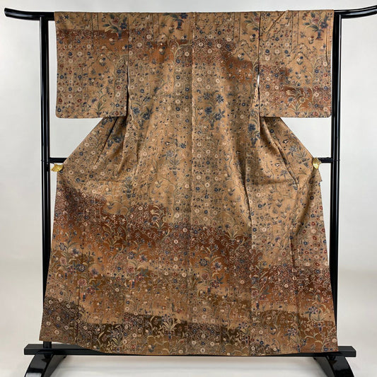 【美品】訪問服 身長159cm 袖長62.5cm S 雙層 紬織織 草花紋紋 霞 茶 純蠶絲 秀品級