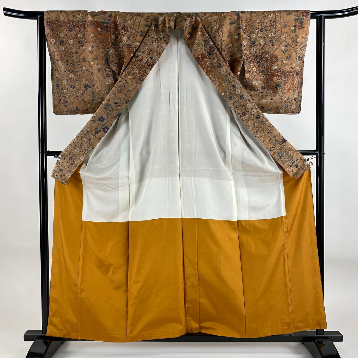 【美品】訪問服 身長159cm 袖長62.5cm S 雙層 紬織織 草花紋紋 霞 茶 純蠶絲 秀品級
