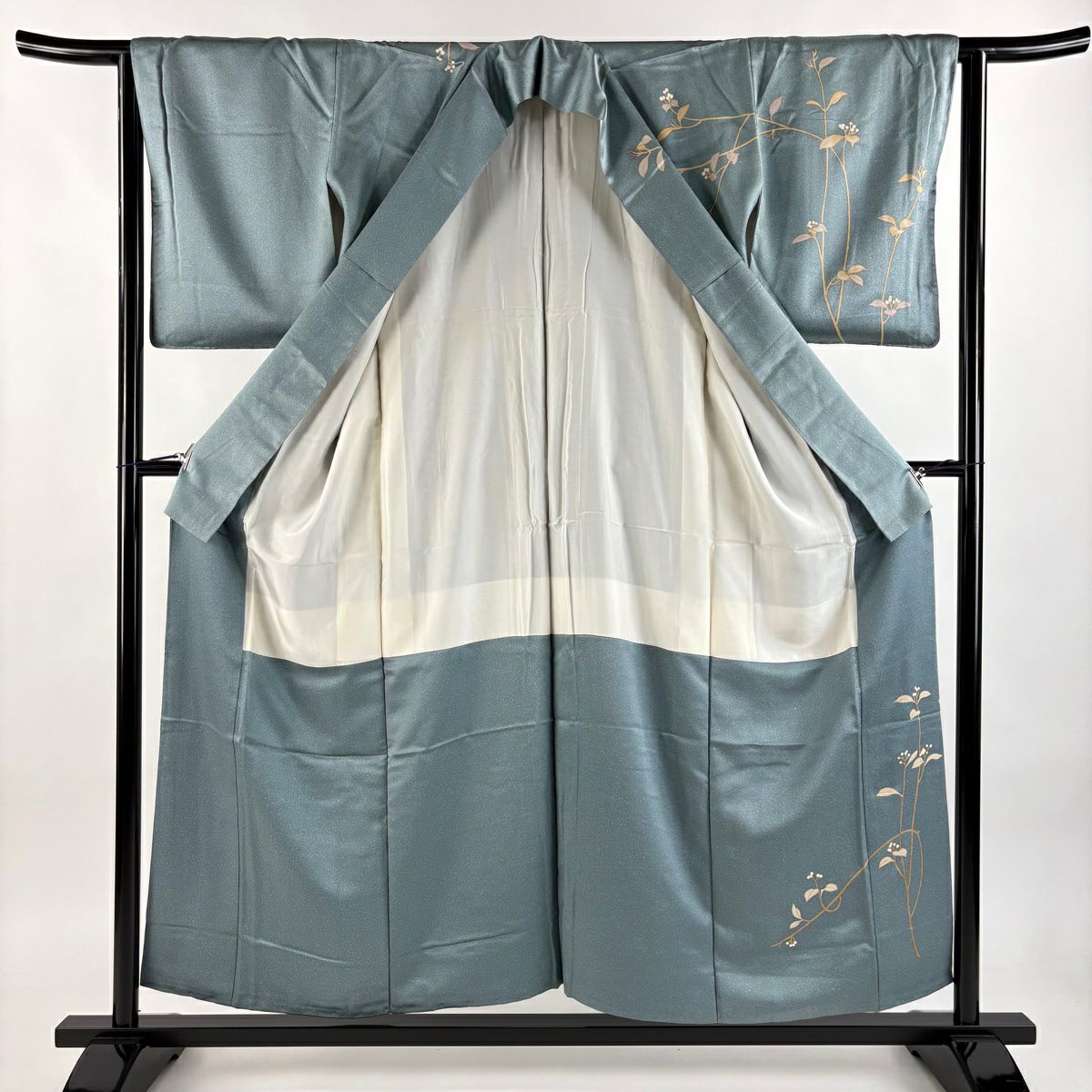 訪問服 身長155cm 袖長63cm S 雙層 大和 枝花 金銀彩 灰綠 純蠶絲 秀品級