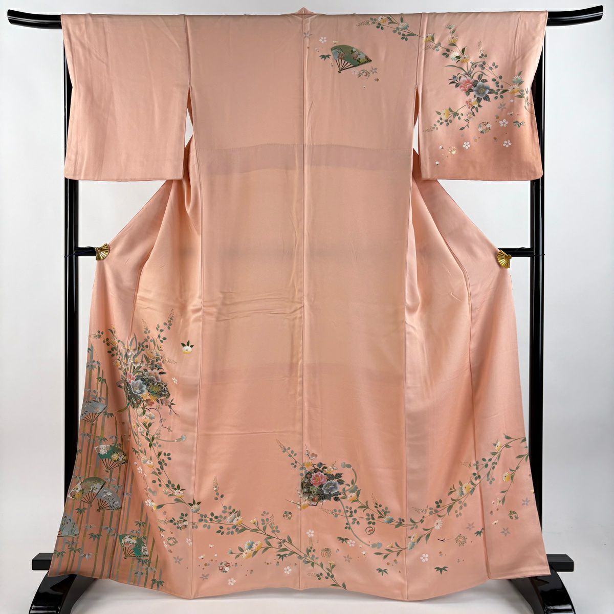 訪問服 身長165cm 袖長66cm M 雙層 竹子 草花紋紋 金銀彩 漸層 粉米色 純蠶絲 優品級