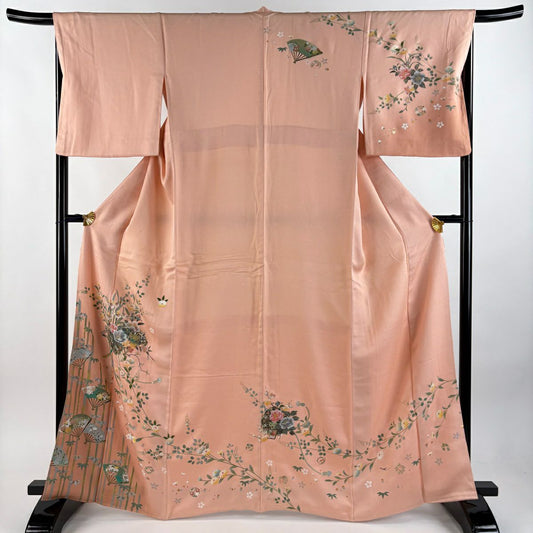 訪問服 身長165cm 袖長66cm M 雙層 竹子 草花紋紋 金銀彩 漸層 粉米色 純蠶絲 優品級