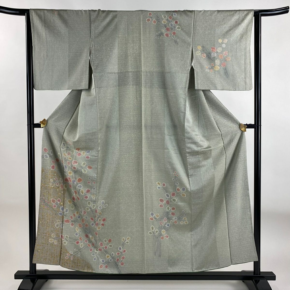 付下 身長156cm 袖長63.5cm S 雙層 萩 格子 金銀彩 灰綠 純蠶絲 秀品級