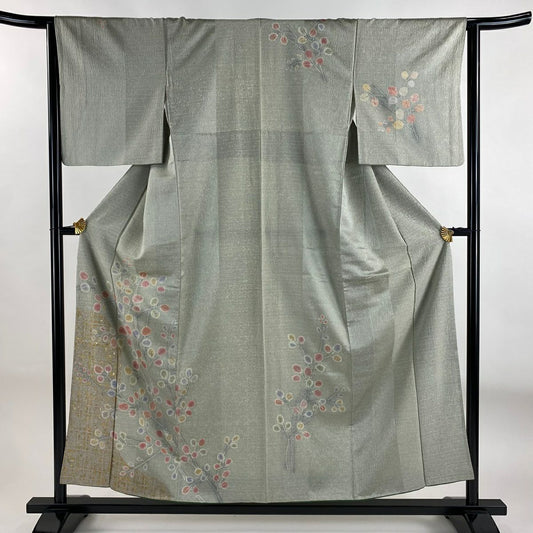 付下 身長156cm 袖長63.5cm S 雙層 萩 格子 金銀彩 灰綠 純蠶絲 秀品級