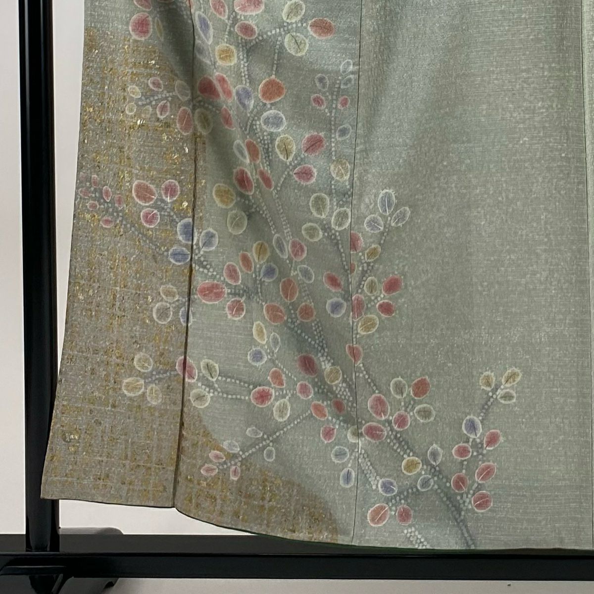 付下 身長156cm 袖長63.5cm S 雙層 萩 格子 金銀彩 灰綠 純蠶絲 秀品級