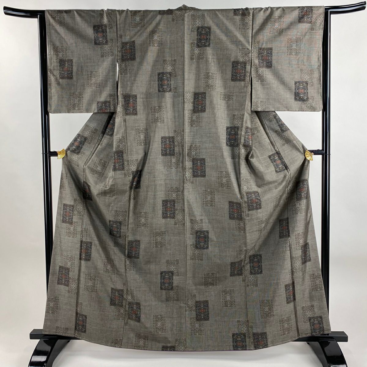 【美品】紬織 身長164.5cm 袖長63cm S 雙層 華紋 幾何學圖案 灰茶 純蠶絲 秀品級
