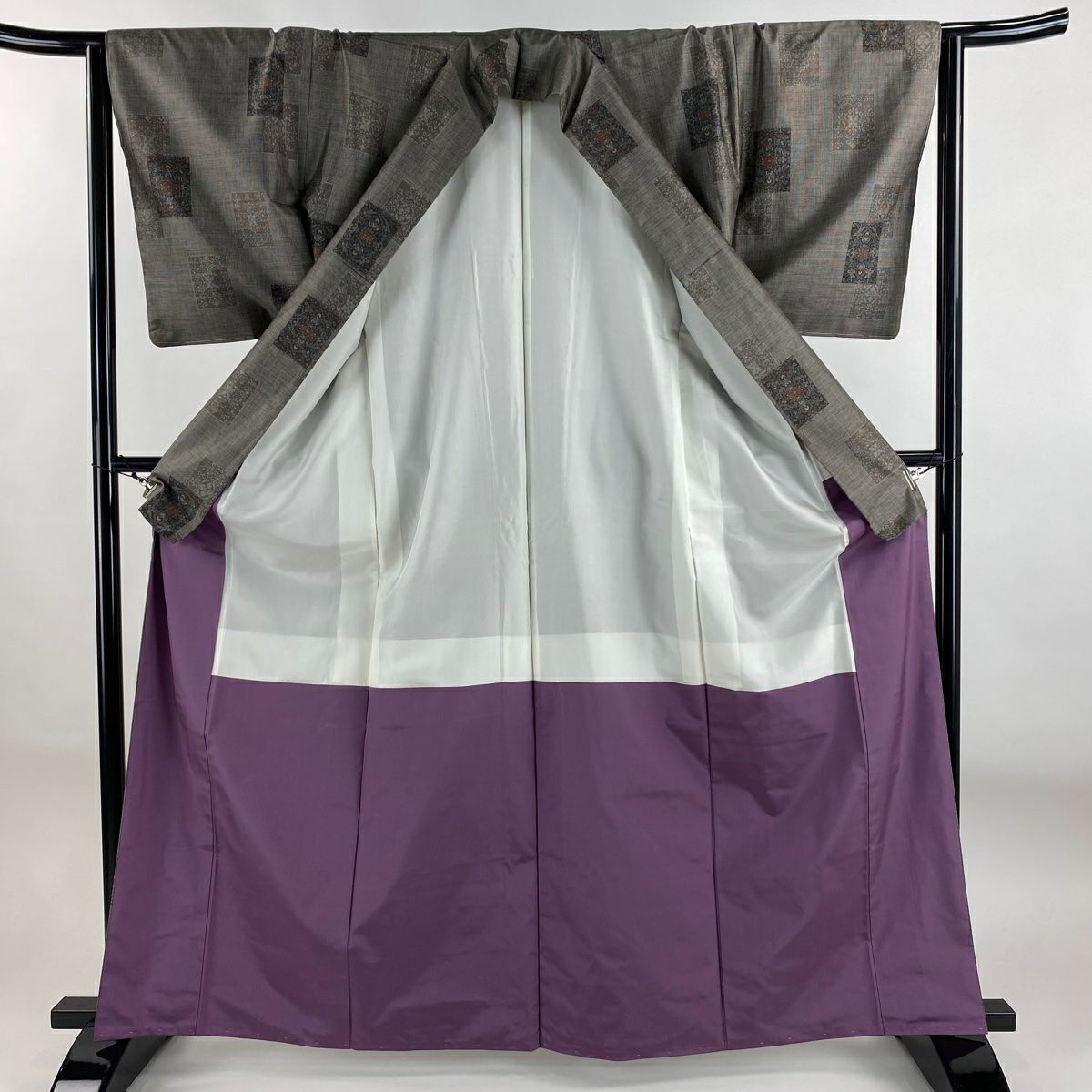 【美品】紬織 身長164.5cm 袖長63cm S 雙層 華紋 幾何學圖案 灰茶 純蠶絲 秀品級