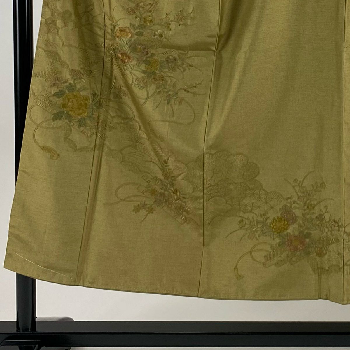 【美品】 付下 身長150.5cm 袖長62.5cm S 雙層 紬織織 花筏 雲文 刺繡 黃土 純蠶絲 秀品級