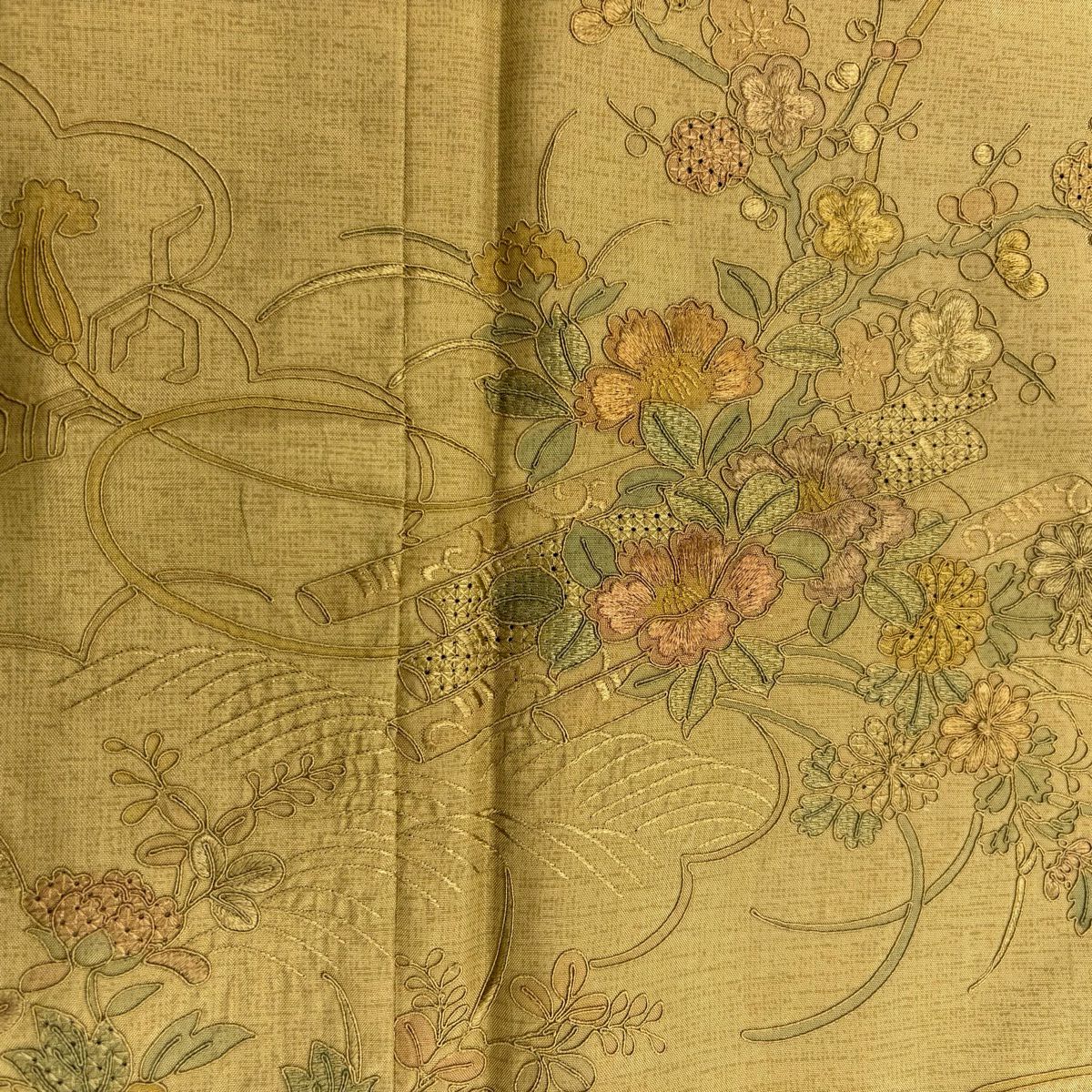 【美品】 付下 身長150.5cm 袖長62.5cm S 雙層 紬織織 花筏 雲文 刺繡 黃土 純蠶絲 秀品級