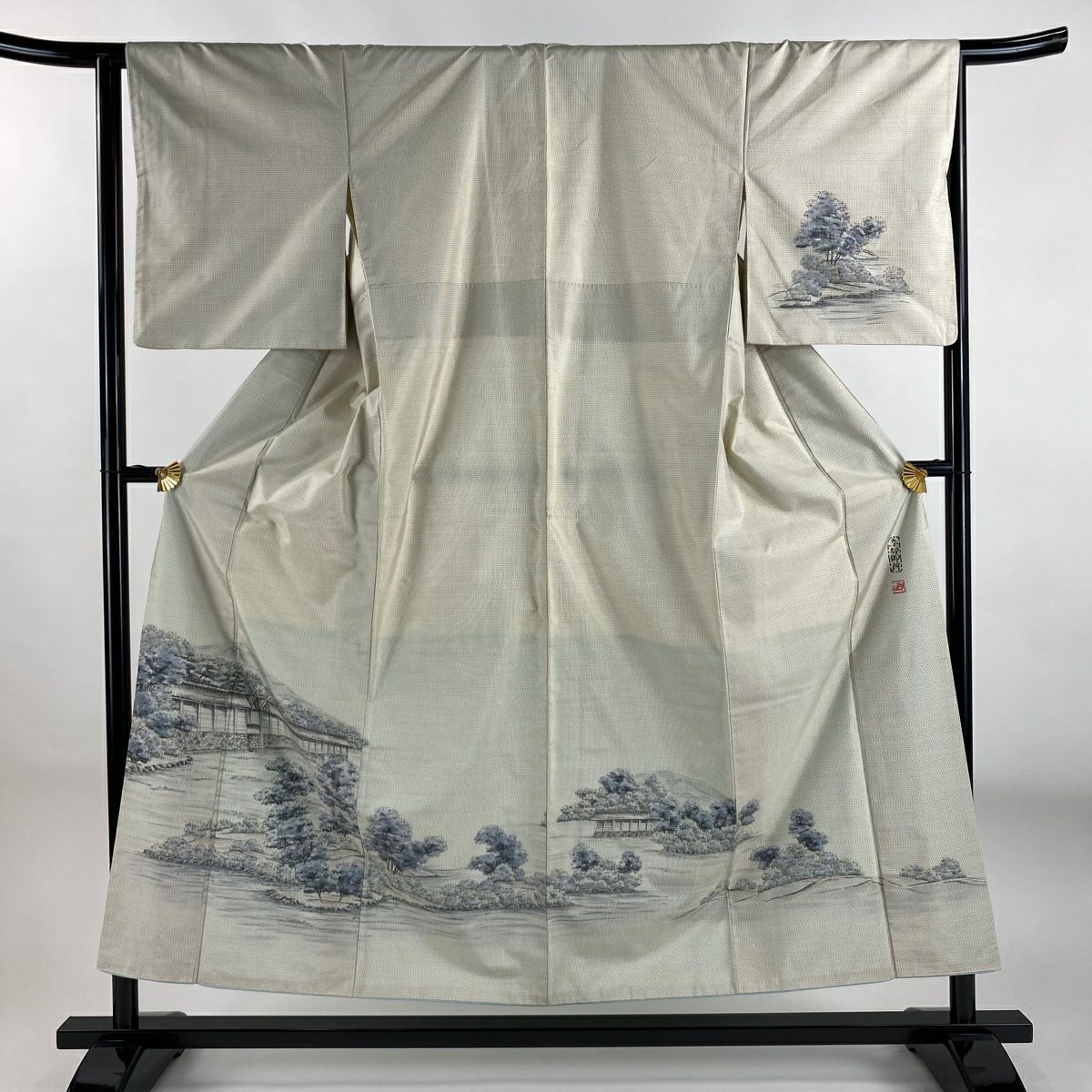付下 身長154cm 袖長64.5cm M 雙層 落款有 風景 京都御所 灰白 純蠶絲 秀品級