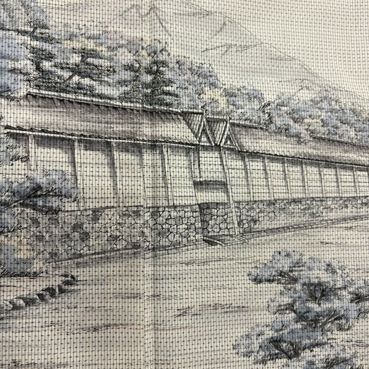 付下 身長154cm 袖長64.5cm M 雙層 落款有 風景 京都御所 灰白 純蠶絲 秀品級