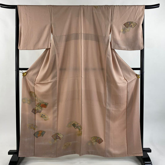 付下 身長162cm 袖長66cm M 雙層 扇子面 霞 金銀彩 金絲 粉紅 純蠶絲 優品級