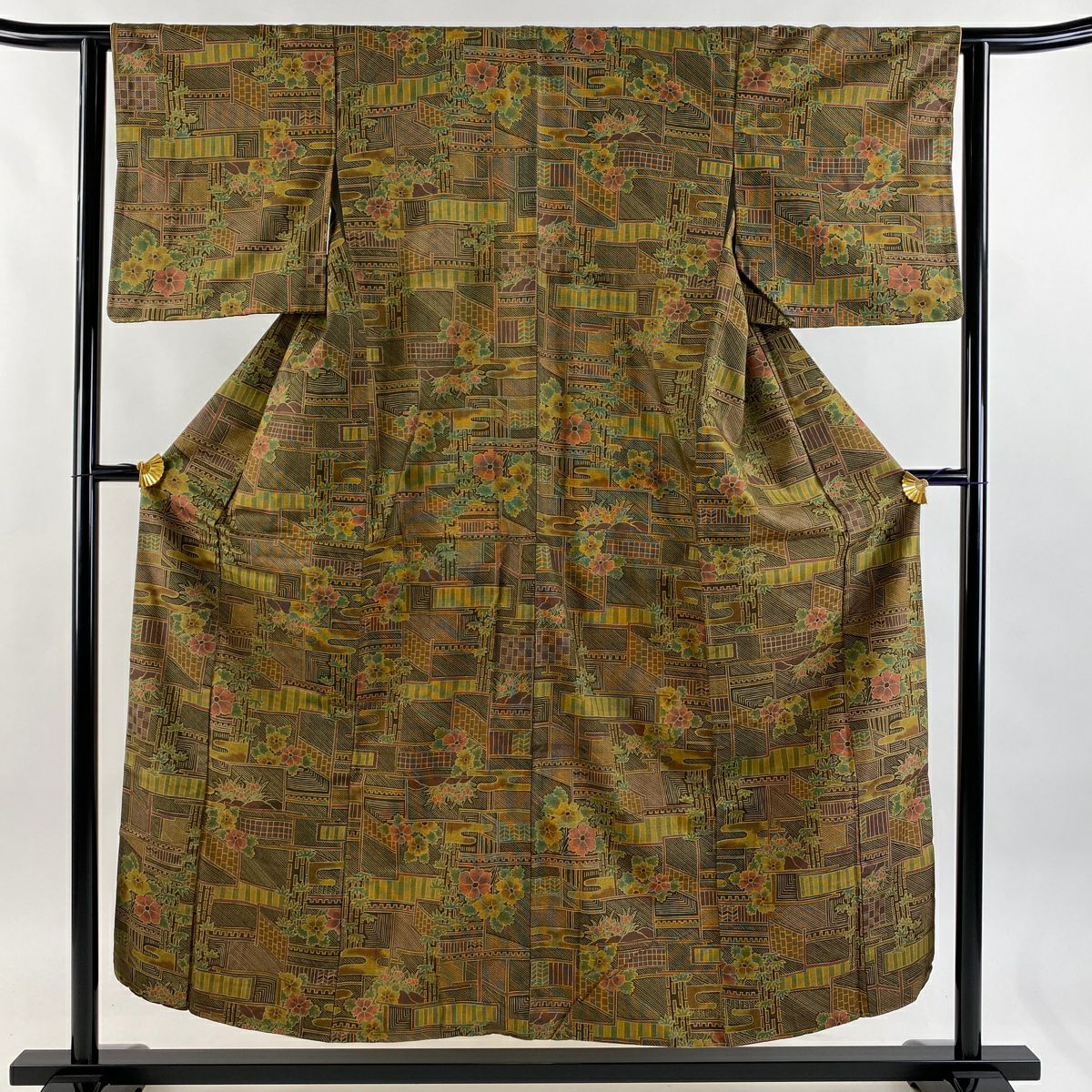 【美品】 紬織 身長153cm 袖長62.5cm S 雙層 霞 草花紋紋 焦茶 純蠶絲 優品級