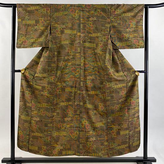 【美品】 紬織 身長153cm 袖長62.5cm S 雙層 霞 草花紋紋 焦茶 純蠶絲 優品級