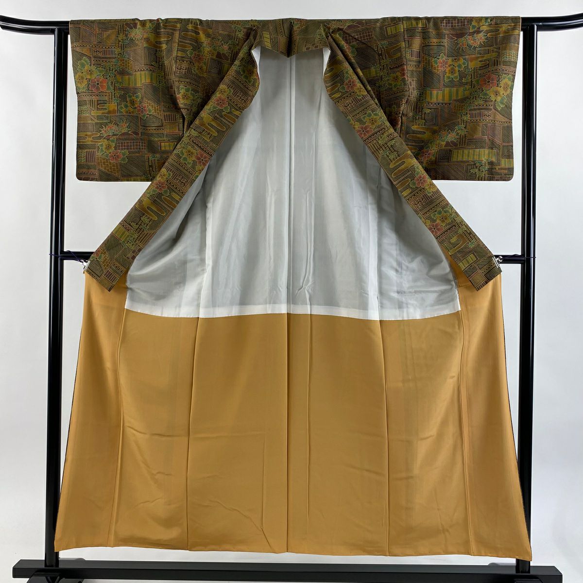 【美品】 紬織 身長153cm 袖長62.5cm S 雙層 霞 草花紋紋 焦茶 純蠶絲 優品級