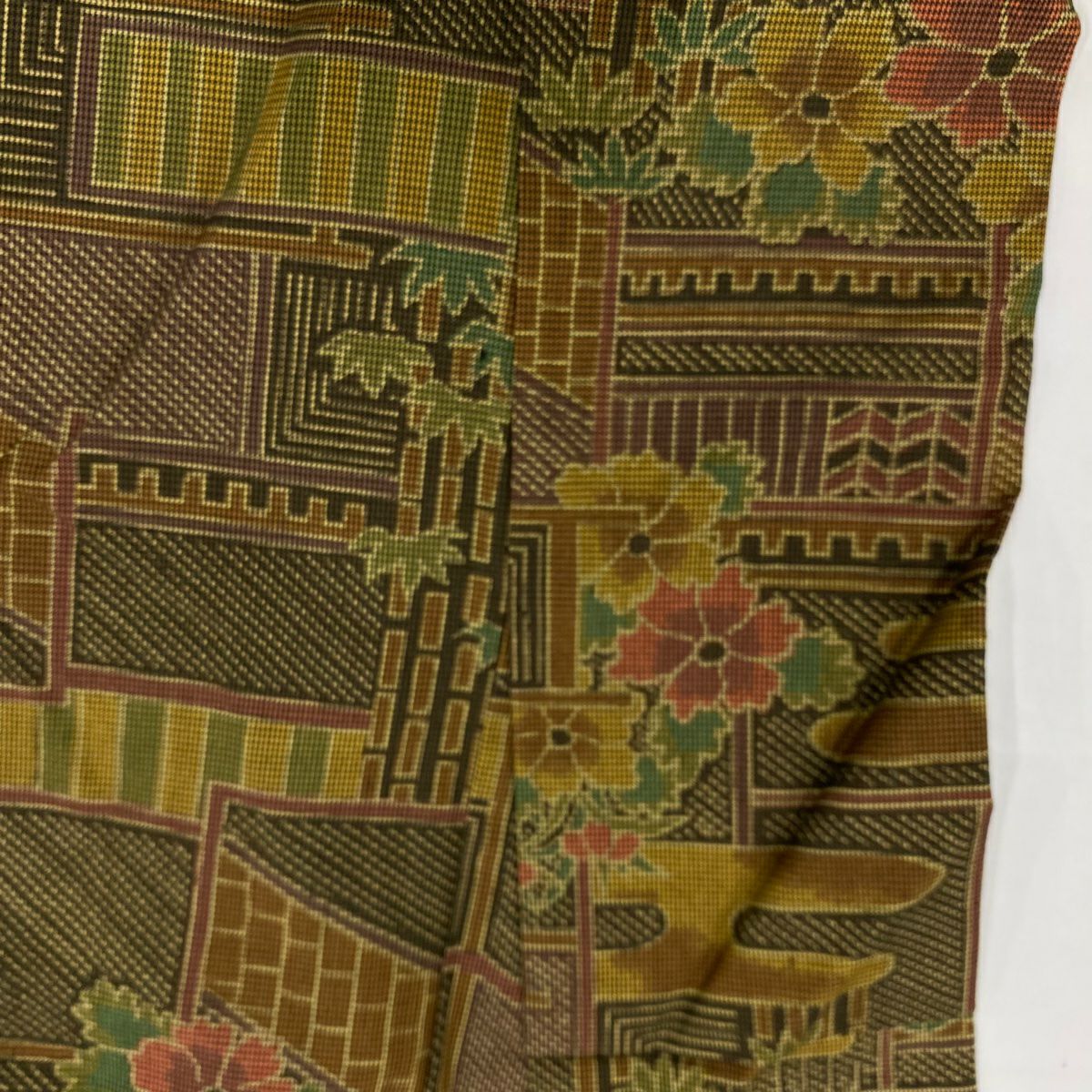 【美品】 紬織 身長153cm 袖長62.5cm S 雙層 霞 草花紋紋 焦茶 純蠶絲 優品級