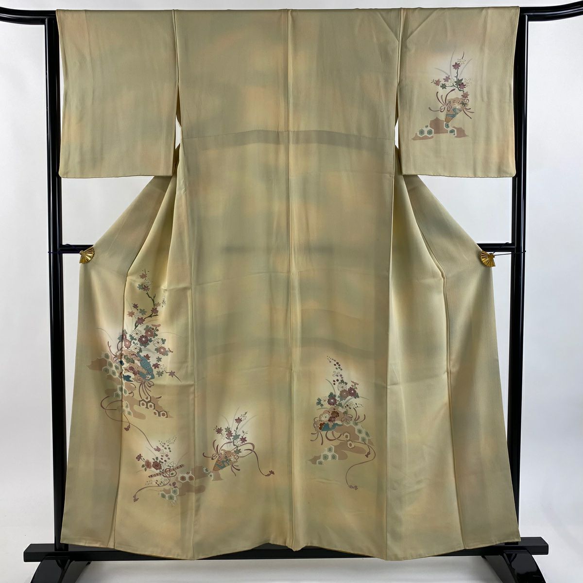 付下 身長156cm 袖長63.5cm S 雙層 桧扇子 龜甲 金銀彩 漸層 米色 純蠶絲 優品級