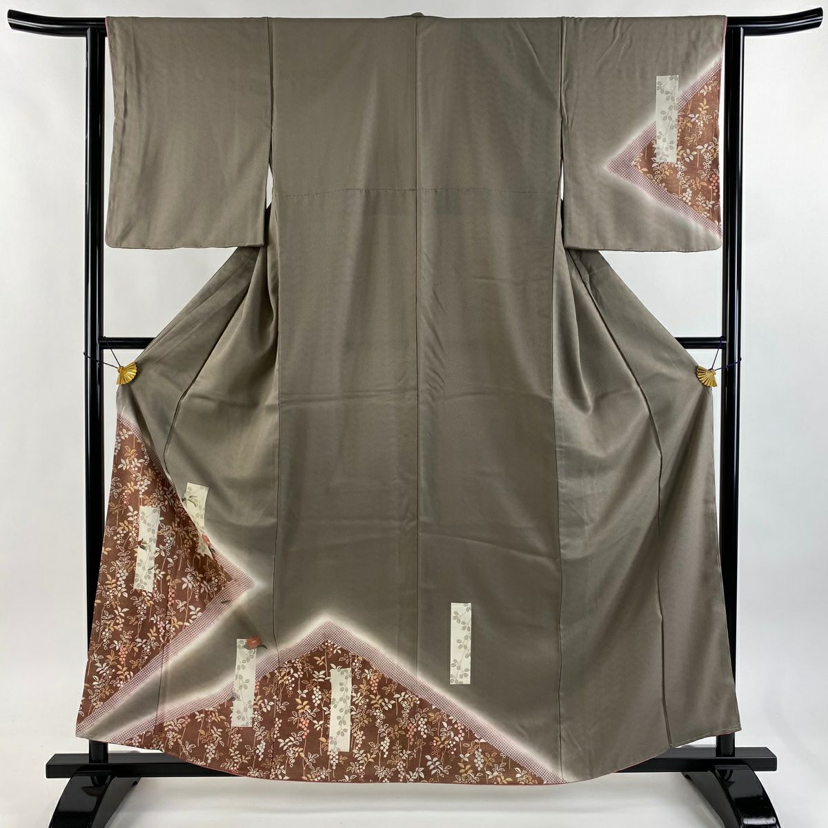 付下 身長160.5cm 袖長62.5cm S 雙層 短冊 草花紋紋 刺繡 金彩裝飾 灰茶 純蠶絲 優品級