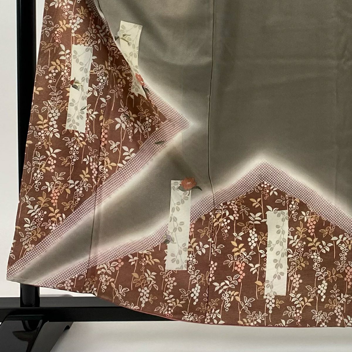 付下 身長160.5cm 袖長62.5cm S 雙層 短冊 草花紋紋 刺繡 金彩裝飾 灰茶 純蠶絲 優品級