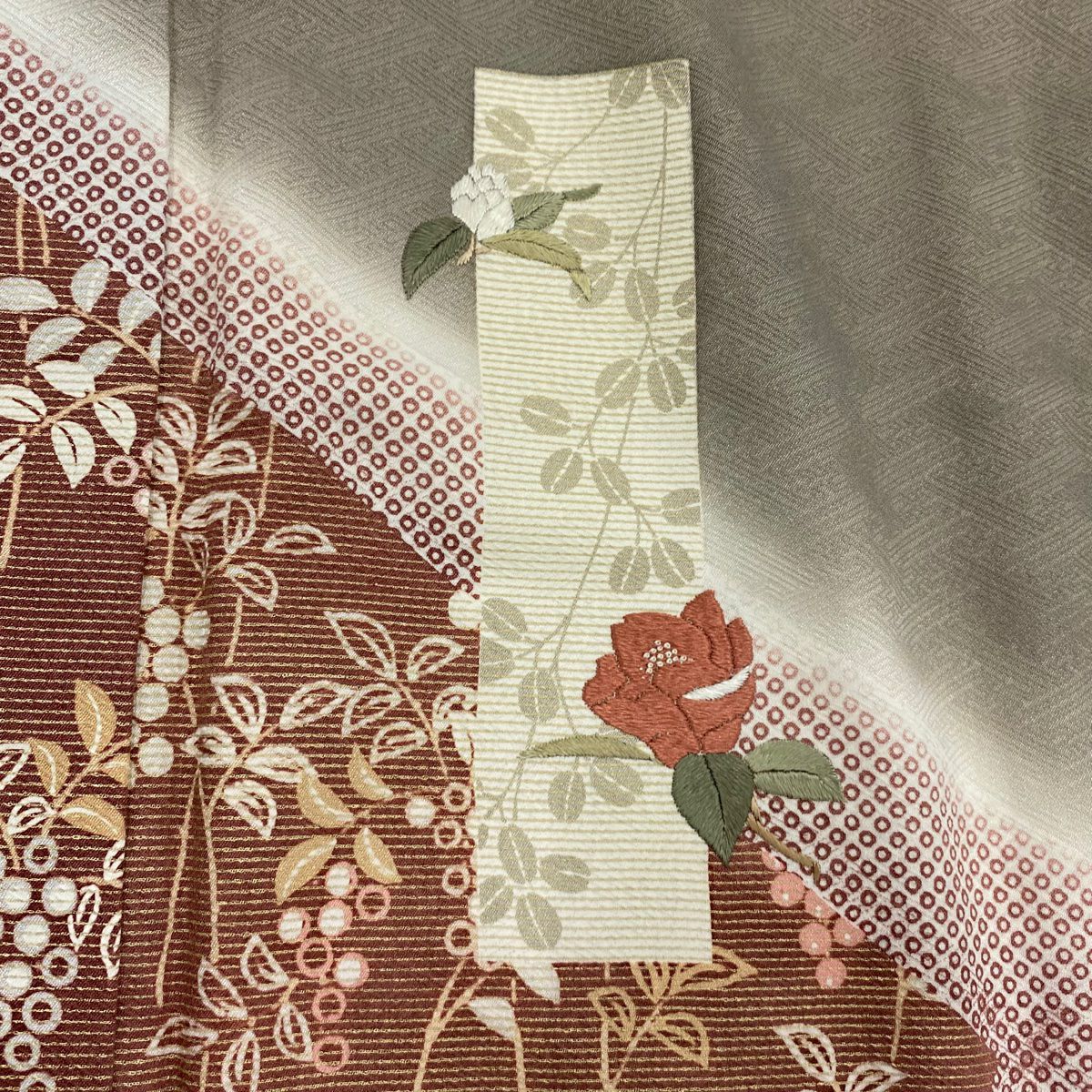 付下 身長160.5cm 袖長62.5cm S 雙層 短冊 草花紋紋 刺繡 金彩裝飾 灰茶 純蠶絲 優品級