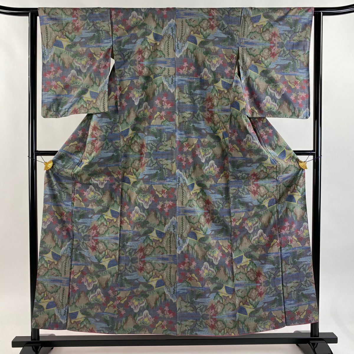 【美品】 紬織 身長156.5cm 袖長62cm S 雙層 楓 笠松樹 青灰 純蠶絲 優品級
