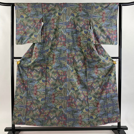 【美品】 紬織 身長156.5cm 袖長62cm S 雙層 楓 笠松樹 青灰 純蠶絲 優品級