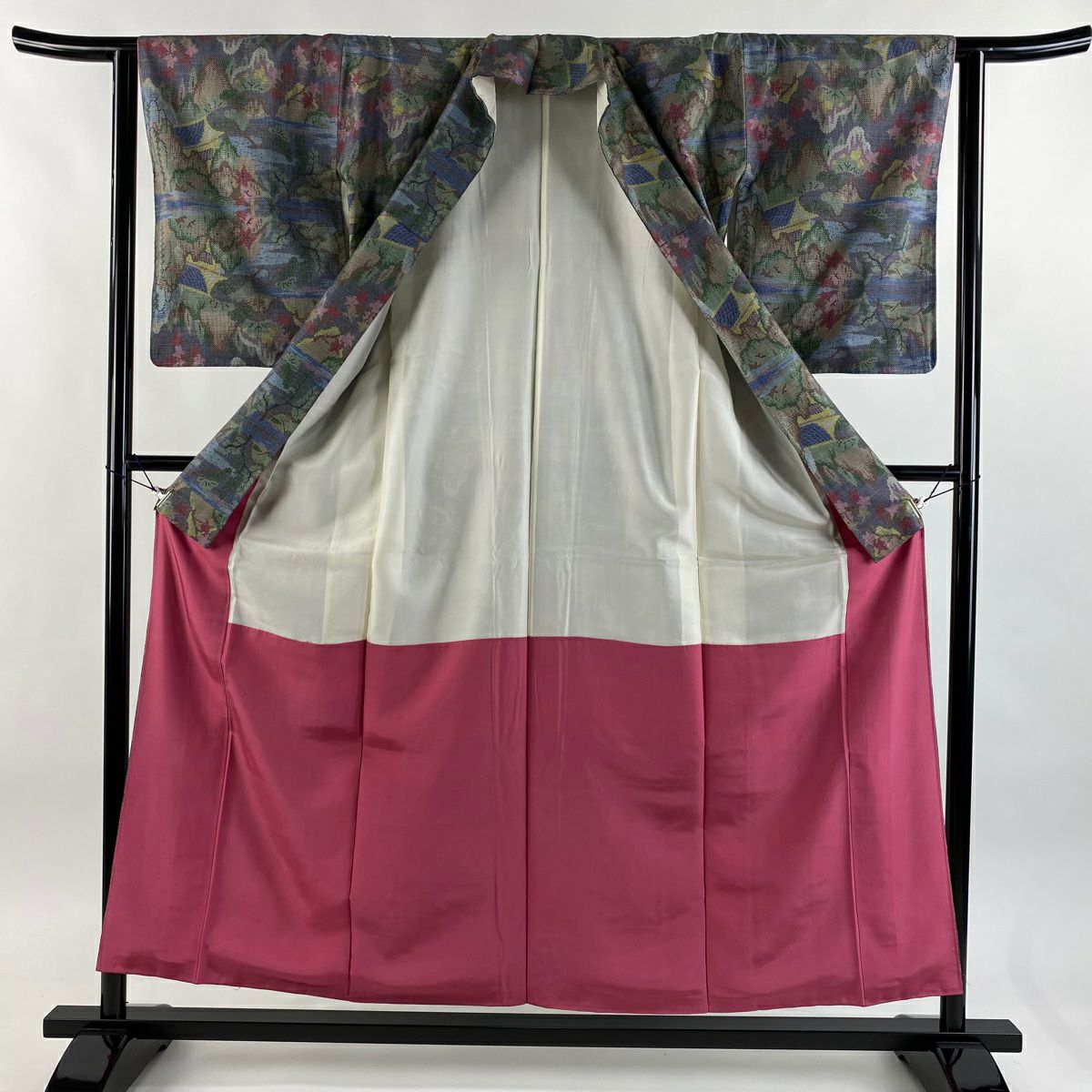 【美品】 紬織 身長156.5cm 袖長62cm S 雙層 楓 笠松樹 青灰 純蠶絲 優品級