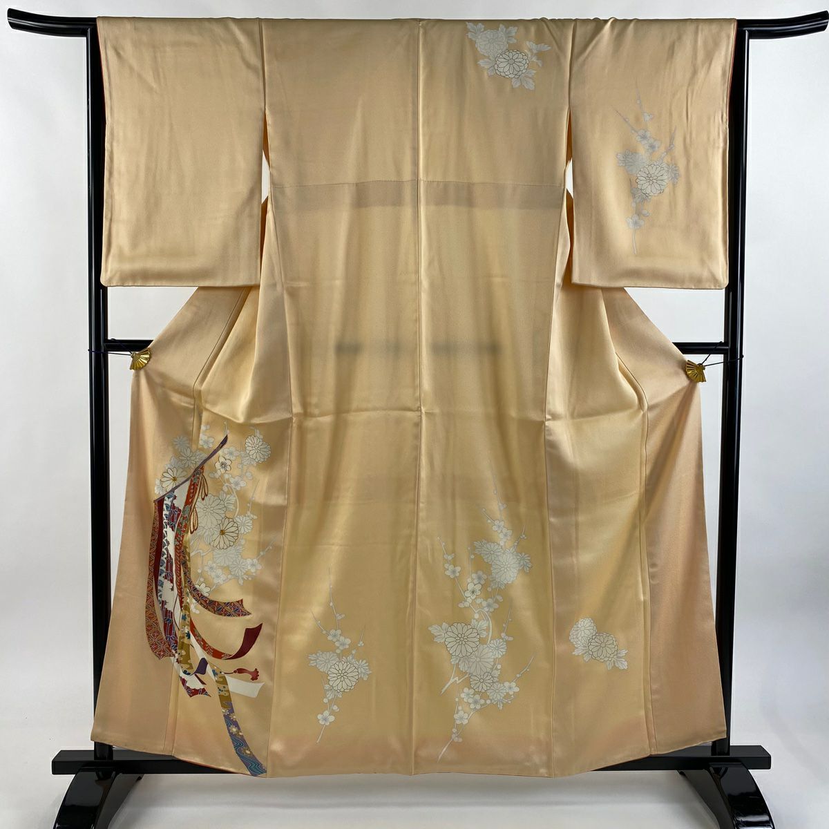 付下 身長159.5cm 袖長64.5cm M 雙層 幾帳 菊花 金銀彩 金絲 淺橙色 純蠶絲 優品級