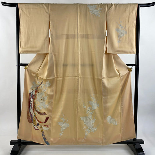 付下 身長159.5cm 袖長64.5cm M 雙層 幾帳 菊花 金銀彩 金絲 淺橙色 純蠶絲 優品級