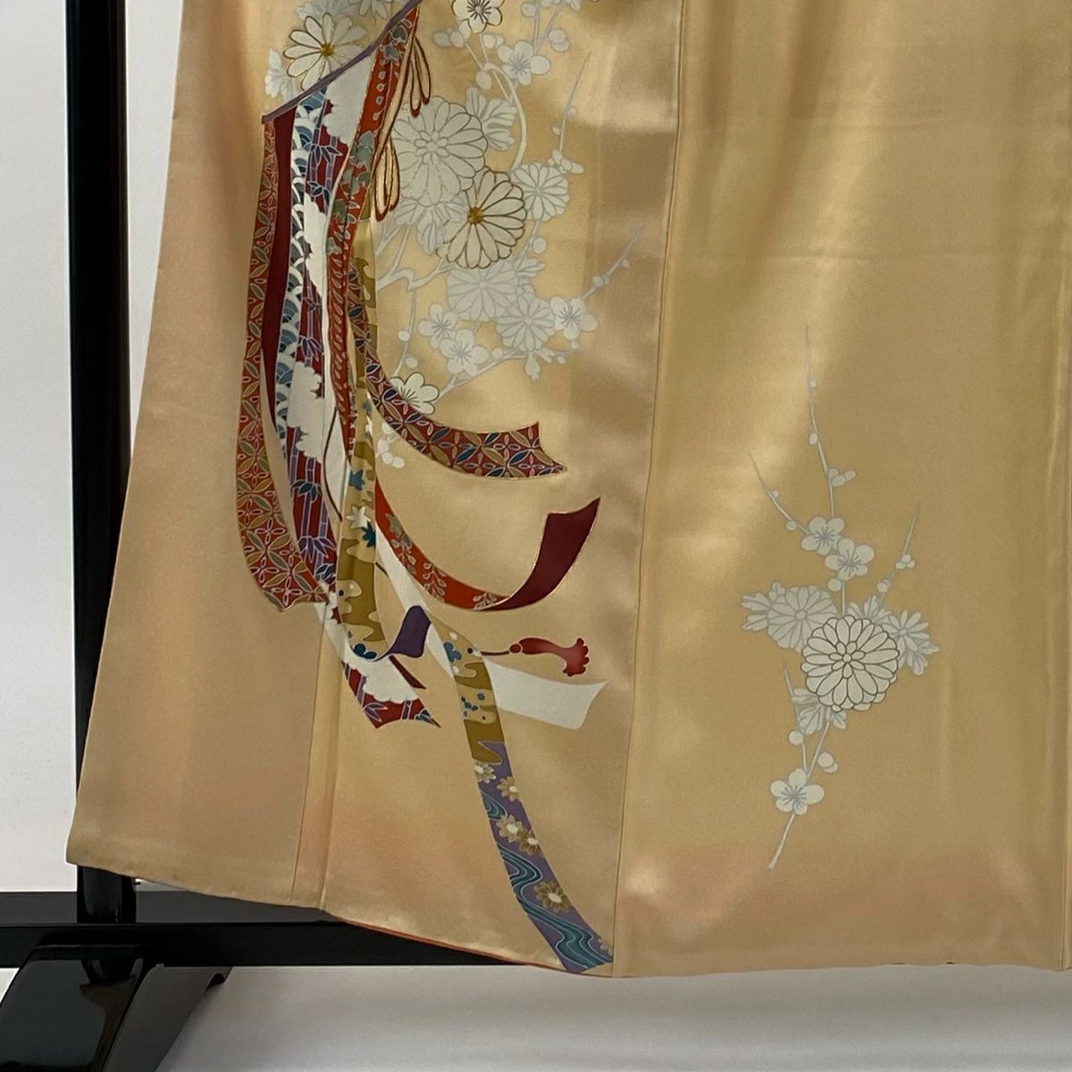 付下 身長159.5cm 袖長64.5cm M 雙層 幾帳 菊花 金銀彩 金絲 淺橙色 純蠶絲 優品級