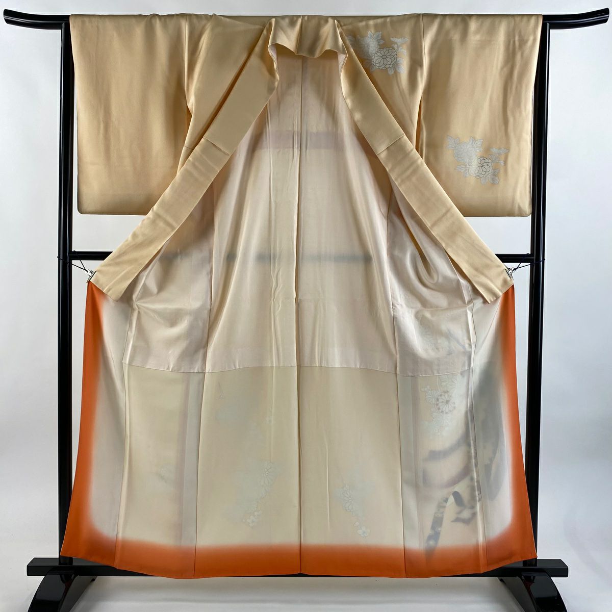 付下 身長159.5cm 袖長64.5cm M 雙層 幾帳 菊花 金銀彩 金絲 淺橙色 純蠶絲 優品級