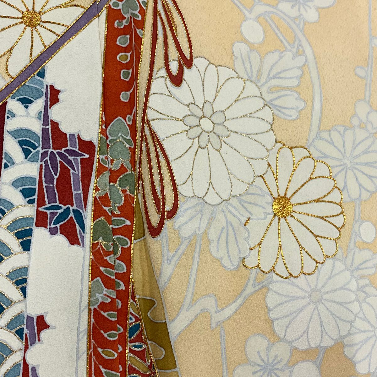 付下 身長159.5cm 袖長64.5cm M 雙層 幾帳 菊花 金銀彩 金絲 淺橙色 純蠶絲 優品級