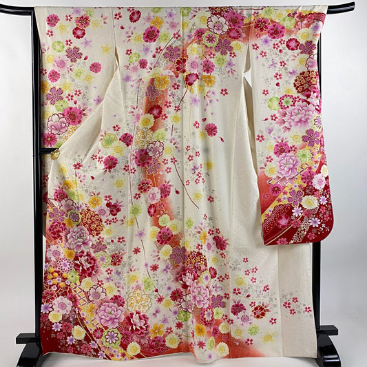 振袖禮服 身長168.5cm 袖長67.5cm L 雙層 牡丹 蝶 金銀彩 刺繡 奶油色 純蠶絲 逸品級