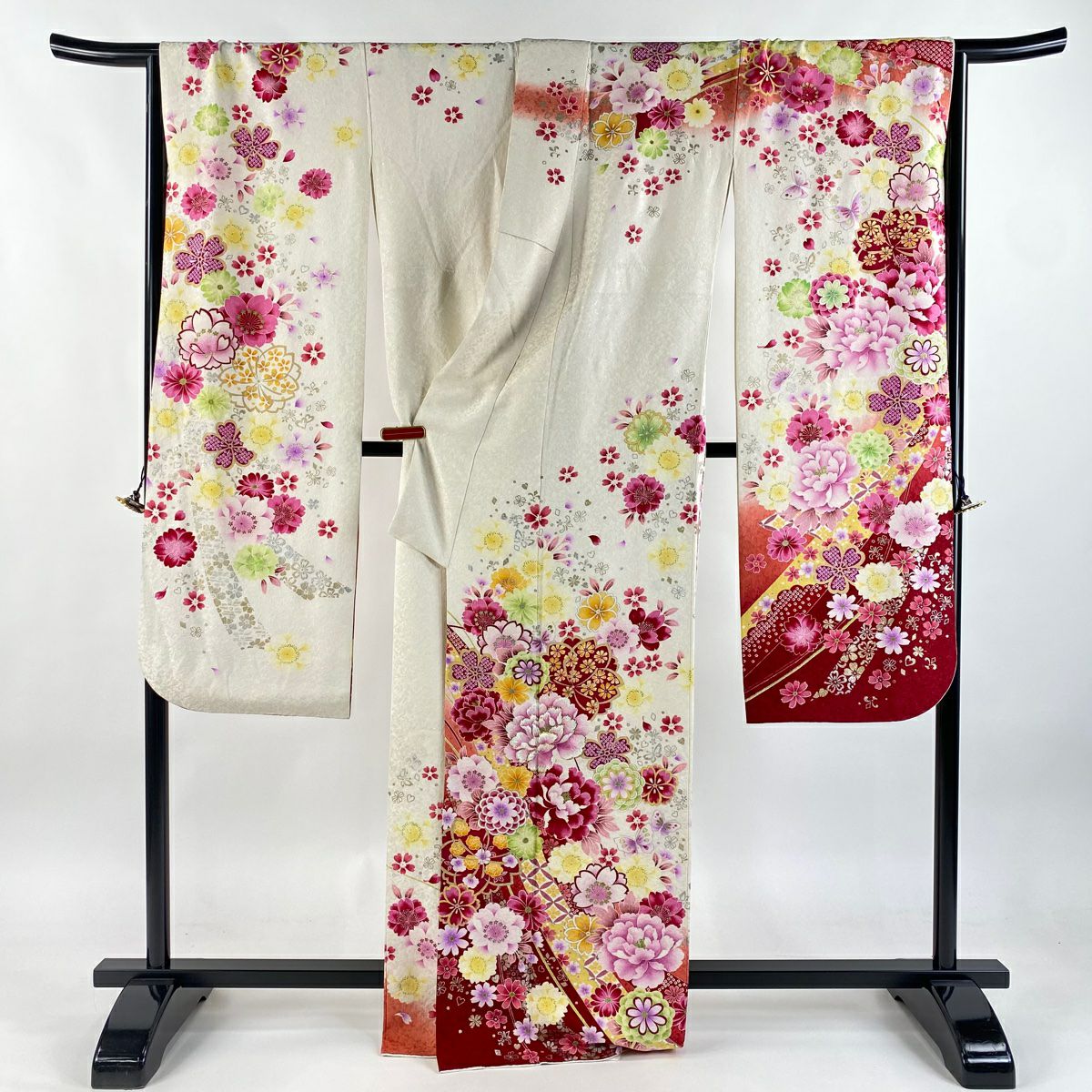 振袖禮服 身長168.5cm 袖長67.5cm L 雙層 牡丹 蝶 金銀彩 刺繡 奶油色 純蠶絲 逸品級