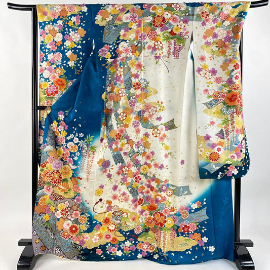 【美品】振袖禮服 身長170.5cm 袖長68.5cm L 雙層 草花紋紋 扇子面 銀通 金絲 青綠 純蠶絲 逸品級