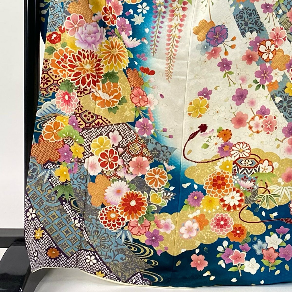 【美品】振袖禮服 身長170.5cm 袖長68.5cm L 雙層 草花紋紋 扇子面 銀通 金絲 青綠 純蠶絲 逸品級
