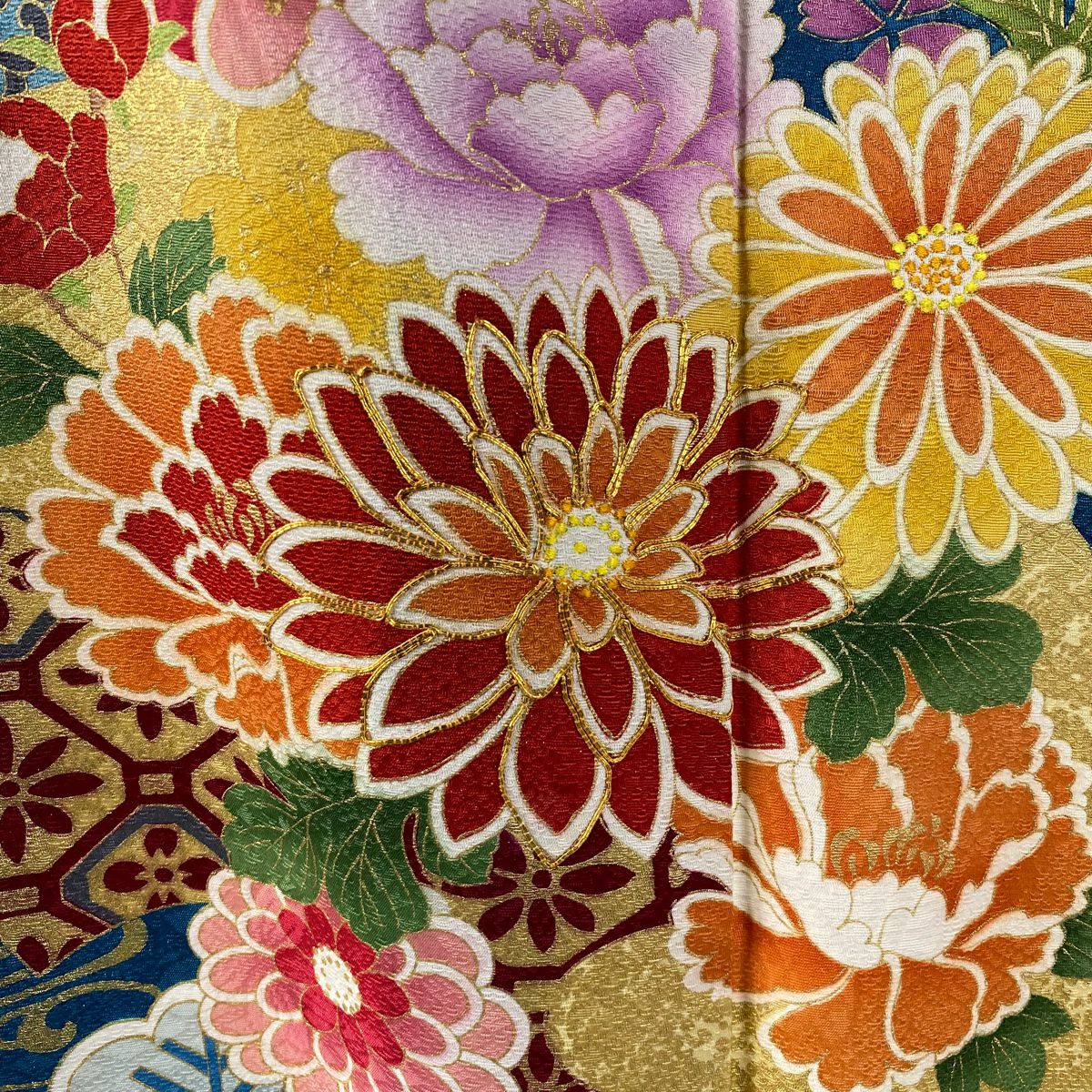 【美品】振袖禮服 身長170.5cm 袖長68.5cm L 雙層 草花紋紋 扇子面 銀通 金絲 青綠 純蠶絲 逸品級