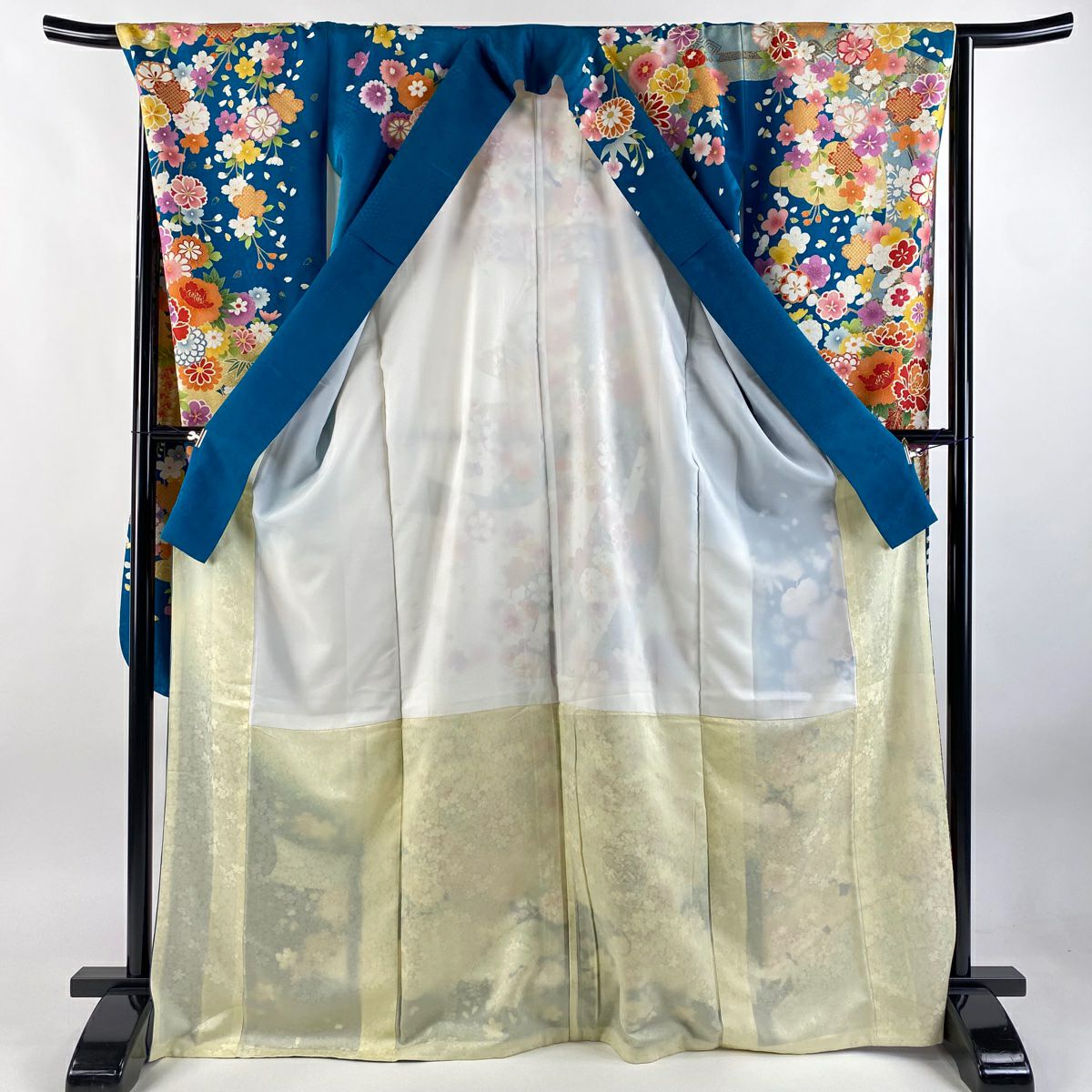 【美品】振袖禮服 身長170.5cm 袖長68.5cm L 雙層 草花紋紋 扇子面 銀通 金絲 青綠 純蠶絲 逸品級