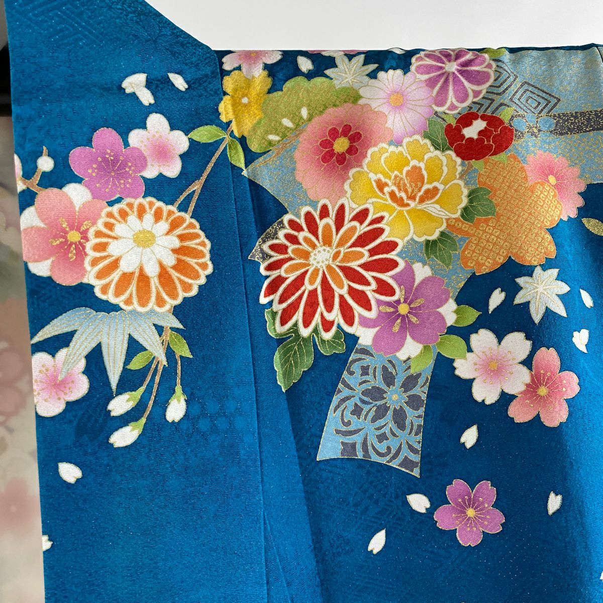【美品】振袖禮服 身長170.5cm 袖長68.5cm L 雙層 草花紋紋 扇子面 銀通 金絲 青綠 純蠶絲 逸品級