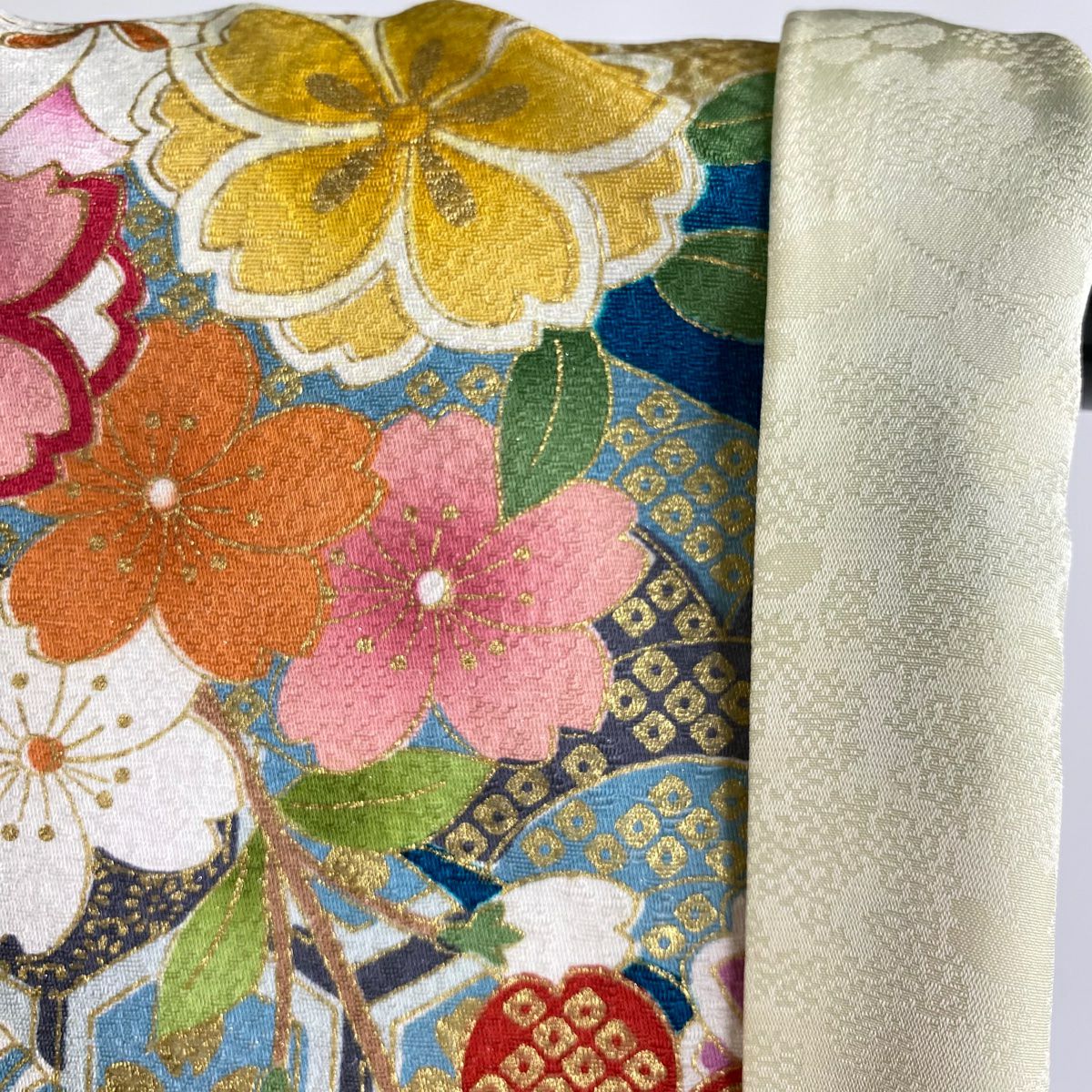【美品】振袖禮服 身長170.5cm 袖長68.5cm L 雙層 草花紋紋 扇子面 銀通 金絲 青綠 純蠶絲 逸品級
