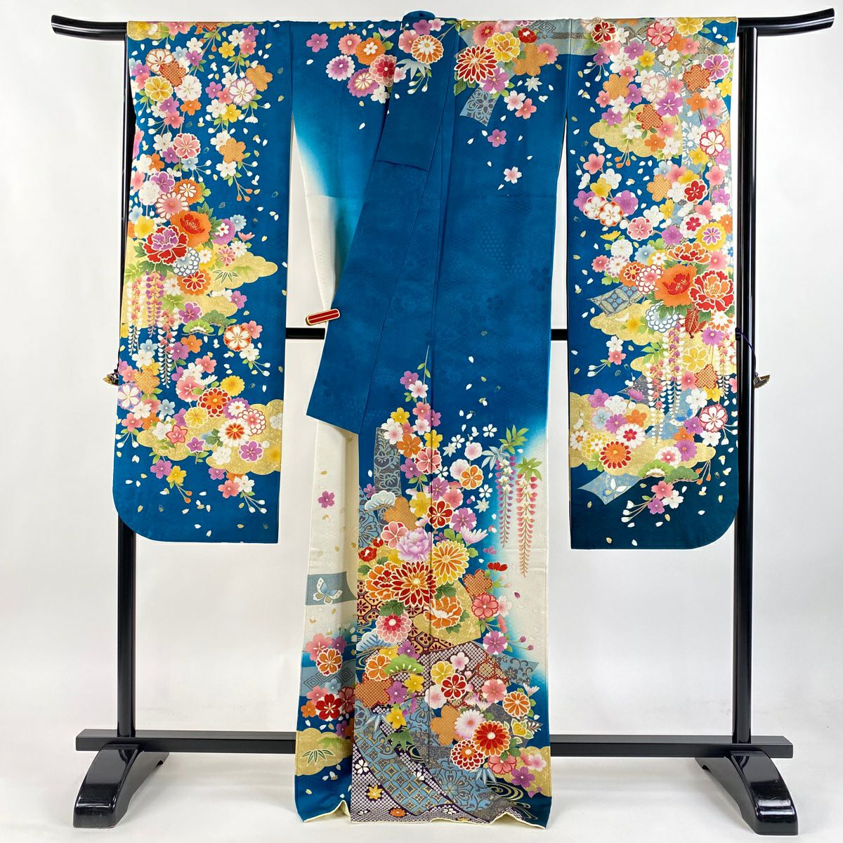 【美品】振袖禮服 身長170.5cm 袖長68.5cm L 雙層 草花紋紋 扇子面 銀通 金絲 青綠 純蠶絲 逸品級